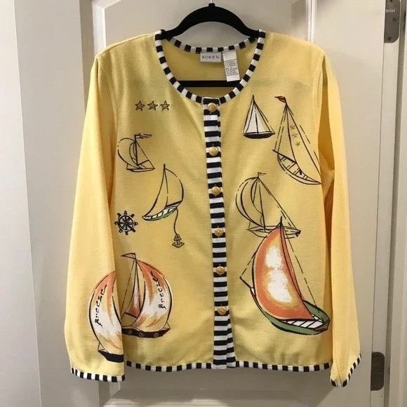 Koret Yellow Nautical Sailboat Cadigan Sweater - Large - Picture 2 of 5